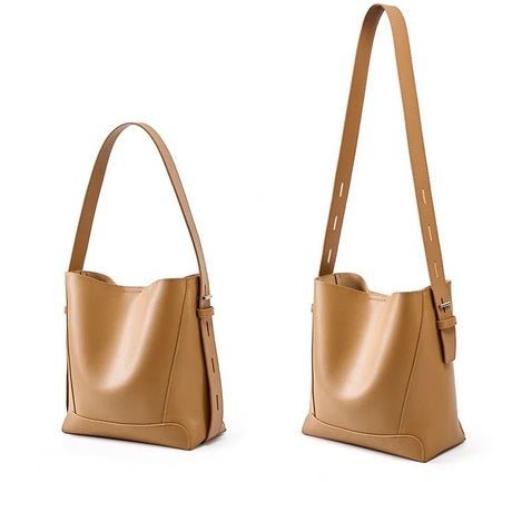 Khaki Leather Bucket Bag With Adjustable Strap, Longest Setting
