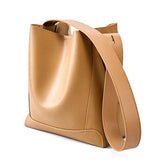Women's Khaki Leather Bucket Bags Wide Strap Shoulder Bags 