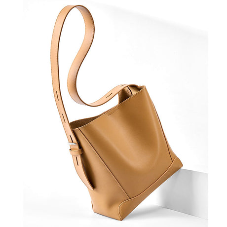 Khaki Leather Bucket Bags Wide Strap Shoulder Bags 