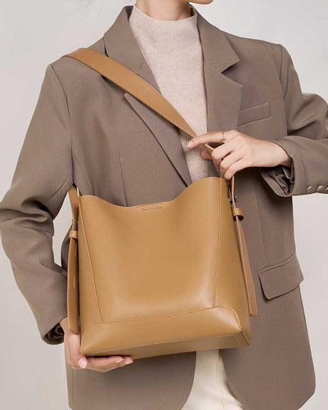 Women's Khaki Soft Leather Bucket Bags Wide Strap Shoulder Bags 