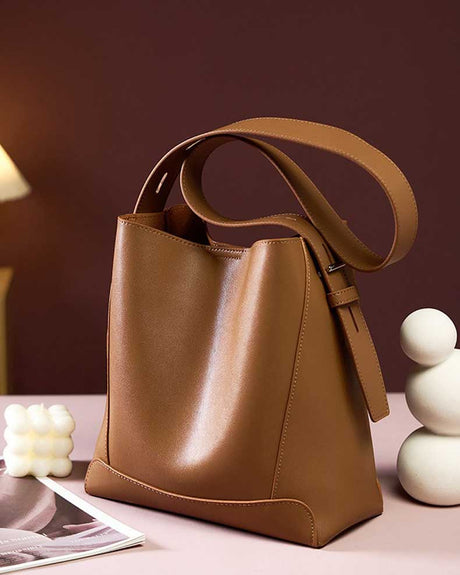Brown Leather Bucket Bags Wide Strap Shoulder Bags 