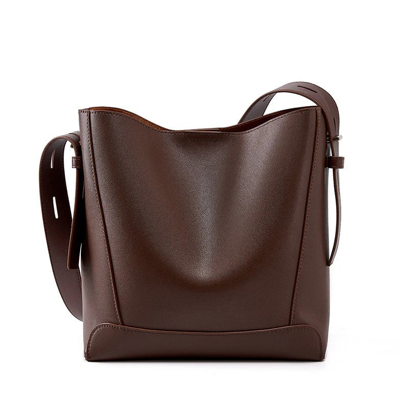 Women's Coffee Genuine Leather Bucket Bags Wide Strap Shoulder Bags 