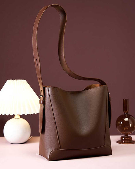 Coffee Genuine Leather Bucket Bags Wide Strap Shoulder Bags 
