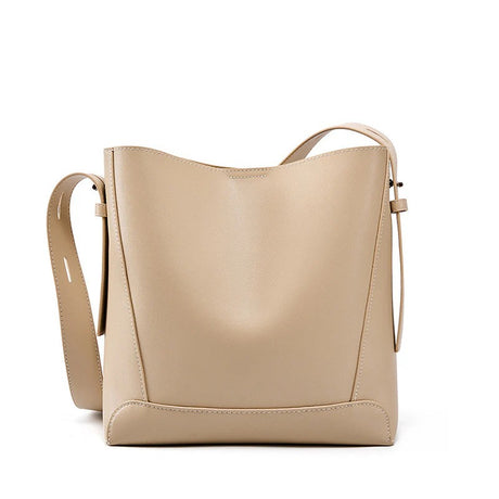 Women's Beige Genuine Leather Bucket Bags Wide Strap Shoulder Bags 