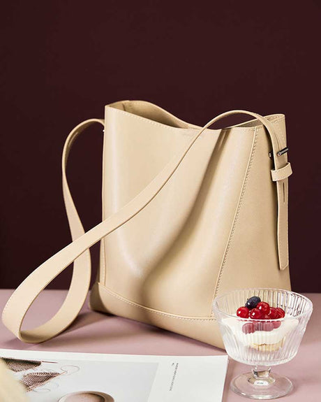Beige Genuine Leather Bucket Bags Wide Strap Shoulder Bags 