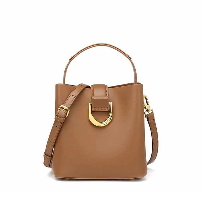 Women's Genuine Leather Caramel Top Handle Handbag Crossbody Bucket Bag