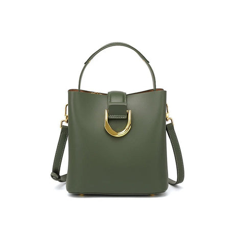 Women's Genuine Leather Green Buckle Zipper Crossbody Bucket Bag