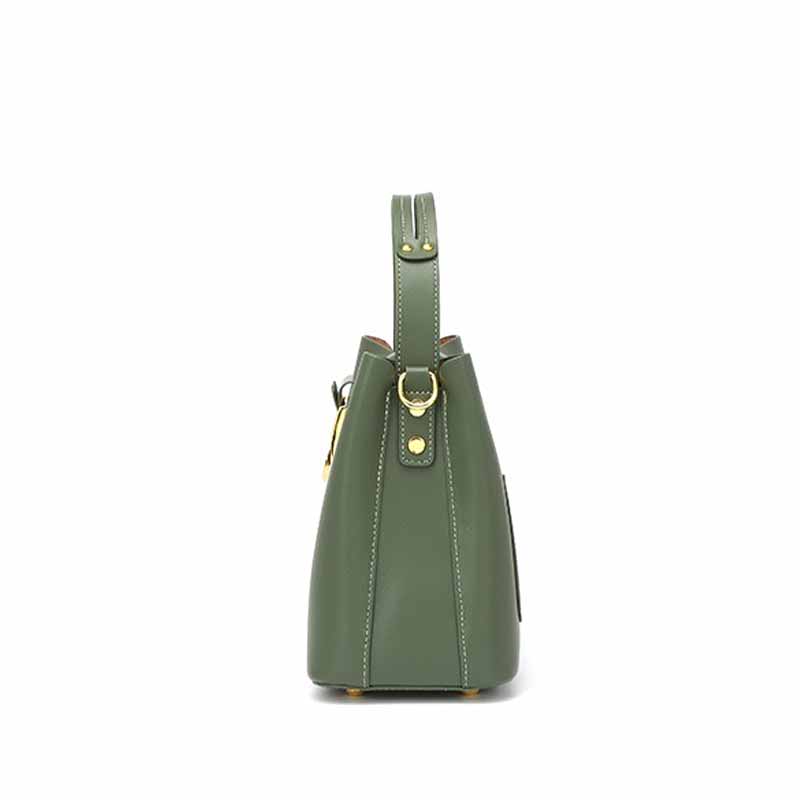 Women's Genuine Leather Green  Bucket Bag Side View