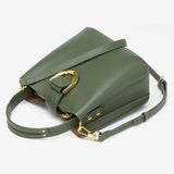 Women's Genuine Leather Green Buckle Zipper  Bucket Bag