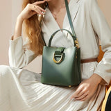 Women's Genuine Leather Buckle Vintage Crossbody  Bucket Bag
