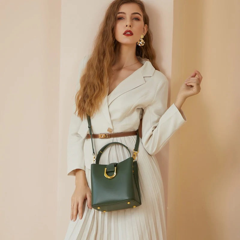 Women's Leather Green Top Handle Crossbody Bucket Bag