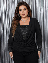 Womens Plus Size Draped Collar Glitter Panel Long sleeve Tee | PRUSES - PRUSES