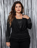 Womens Plus Size Draped Collar Glitter Panel Long sleeve Tee | PRUSES - PRUSES