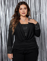 Womens Plus Size Draped Collar Glitter Panel Long sleeve Tee | PRUSES - PRUSES
