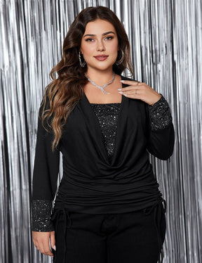 Womens Plus Size Draped Collar Glitter Panel Long sleeve Tee | PRUSES - PRUSES