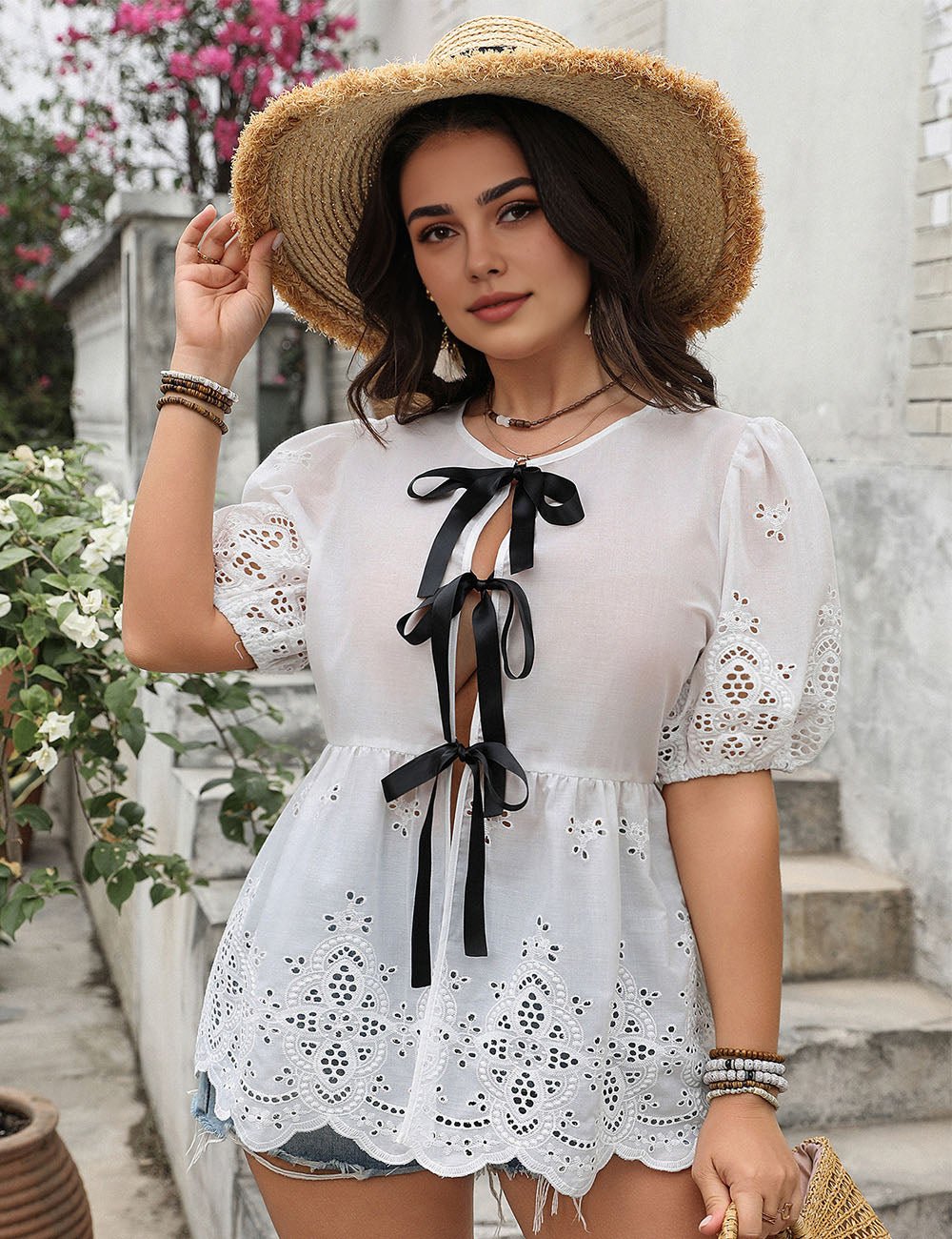 Womens Plus Size Eyelet Top With Bows | PRUSES - PRUSES