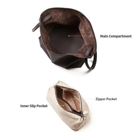 Coffee Leather Bucket Handbag with Labeled Compartments 