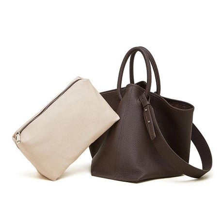 Beige pouch and Coffee Premium Leather Bucket Handbag
