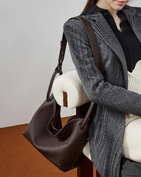 Women's Coffee Premium Leather Bucket Shoulder Bag